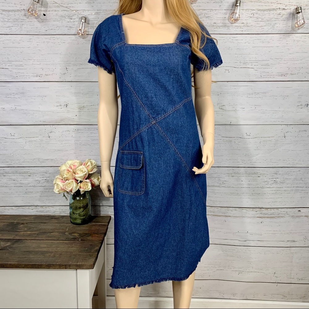 LE MIEUX Denim Fringe Sleeve/Hem Midi Dress